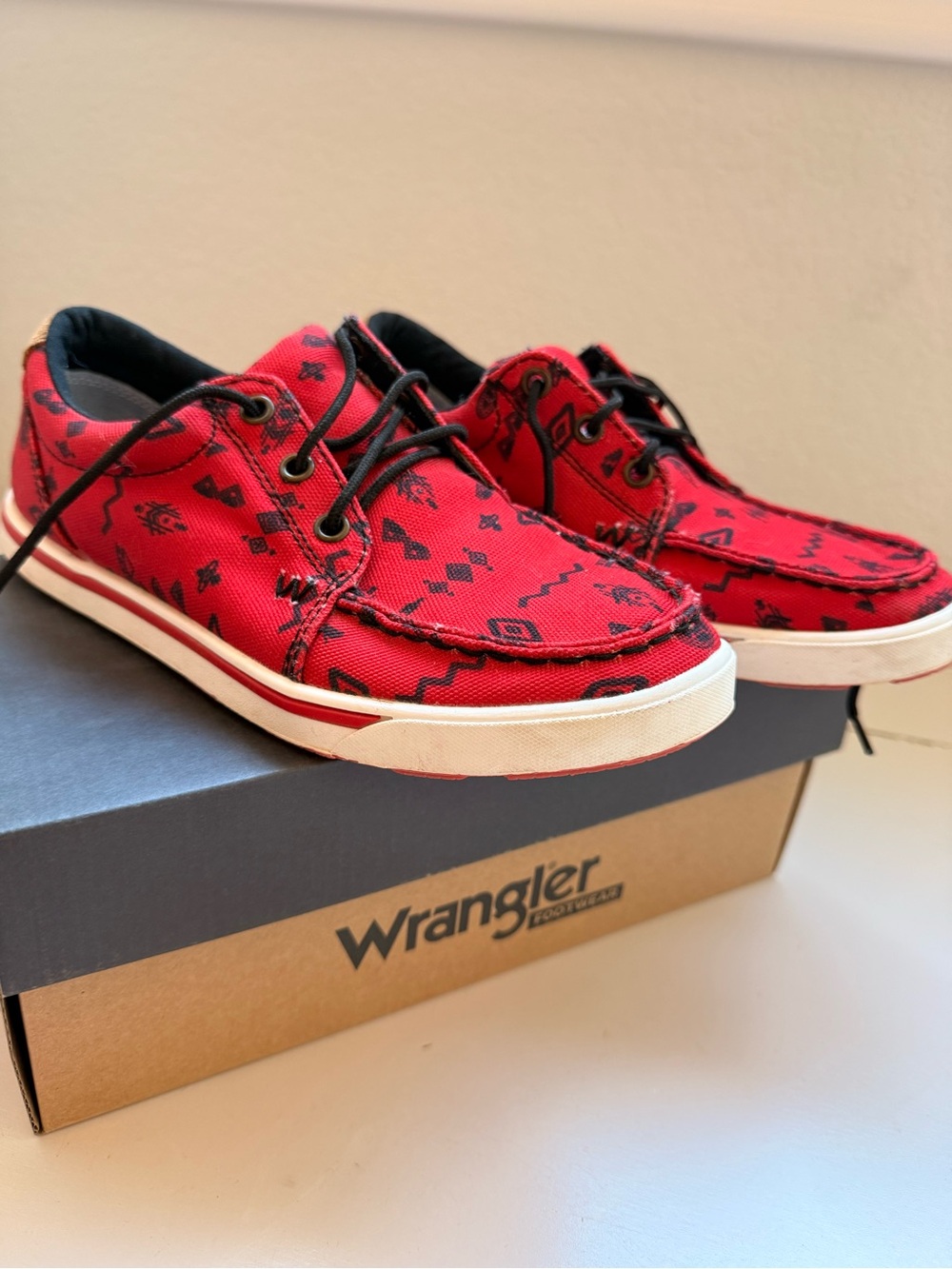 Wrangler Red Patterned Canvas Boat Shoes with Black Trim